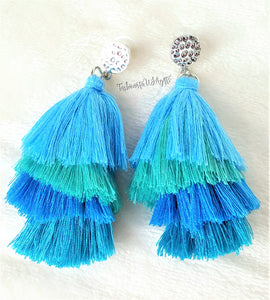 Earrings Layered Tassel Drop Blue,Teal, Silver color Stud, Beach Earrings,Statement Earrings by UrbanFlair - Urban Flair USA