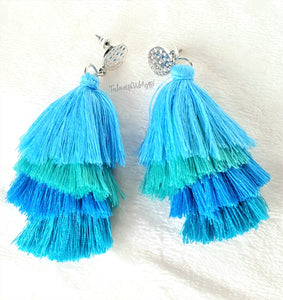 Earrings Layered Tassel Drop Blue,Teal, Silver color Stud, Beach Earrings,Statement Earrings by UrbanFlair - Urban Flair USA
