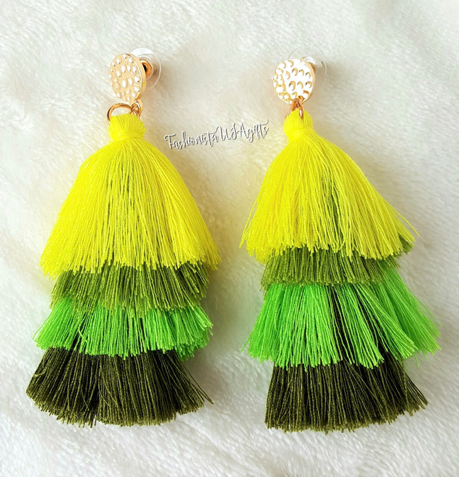 Earrings Layered Tassel Drop Green,Lime,Olive, Gold color Stud, Beach Earrings,Statement Earring by UrbanFlair - Urban Flair USA