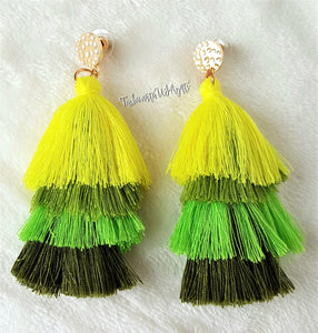 Earrings Layered Tassel Drop Green,Lime,Olive, Gold color Stud, Beach Earrings,Statement Earring by UrbanFlair - Urban Flair USA
