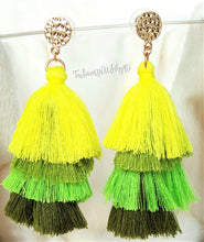 Load image into Gallery viewer, Earrings Layered Tassel Drop Green,Lime,Olive, Gold color Stud, Beach Earrings,Statement Earring by UrbanFlair - Urban Flair USA