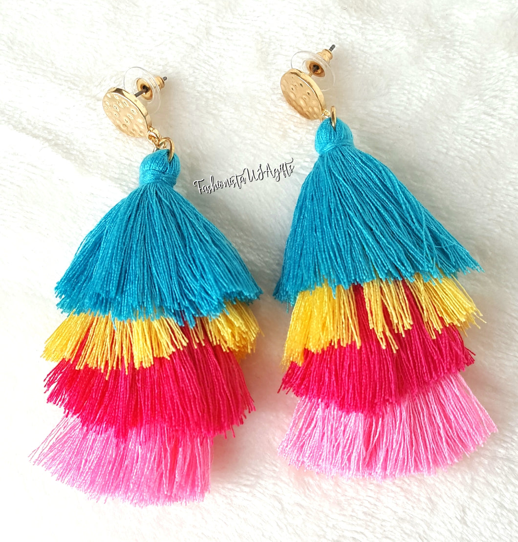 Earrings Layered Tassel Drop Yellow,Blue,Fushia,Pink, Gold color Stud, Beach Earrings,Statement Earring,Multicolored Earring by UrbanFlair - Urban Flair USA