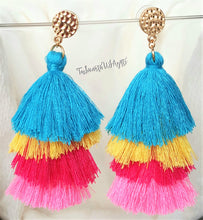 Load image into Gallery viewer, Earrings Layered Tassel Drop Yellow,Blue,Fushia,Pink, Gold color Stud, Beach Earrings,Statement Earring,Multicolored Earring by UrbanFlair - Urban Flair USA