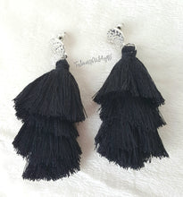 Load image into Gallery viewer, Earrings Layered Tassel Drop Black, Silver color Stud, Beach Earrings,Statement Earrings by UrbanFlair - Urban Flair USA