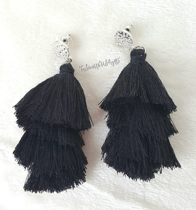 Earrings Layered Tassel Drop Black, Silver color Stud, Beach Earrings,Statement Earrings by UrbanFlair - Urban Flair USA