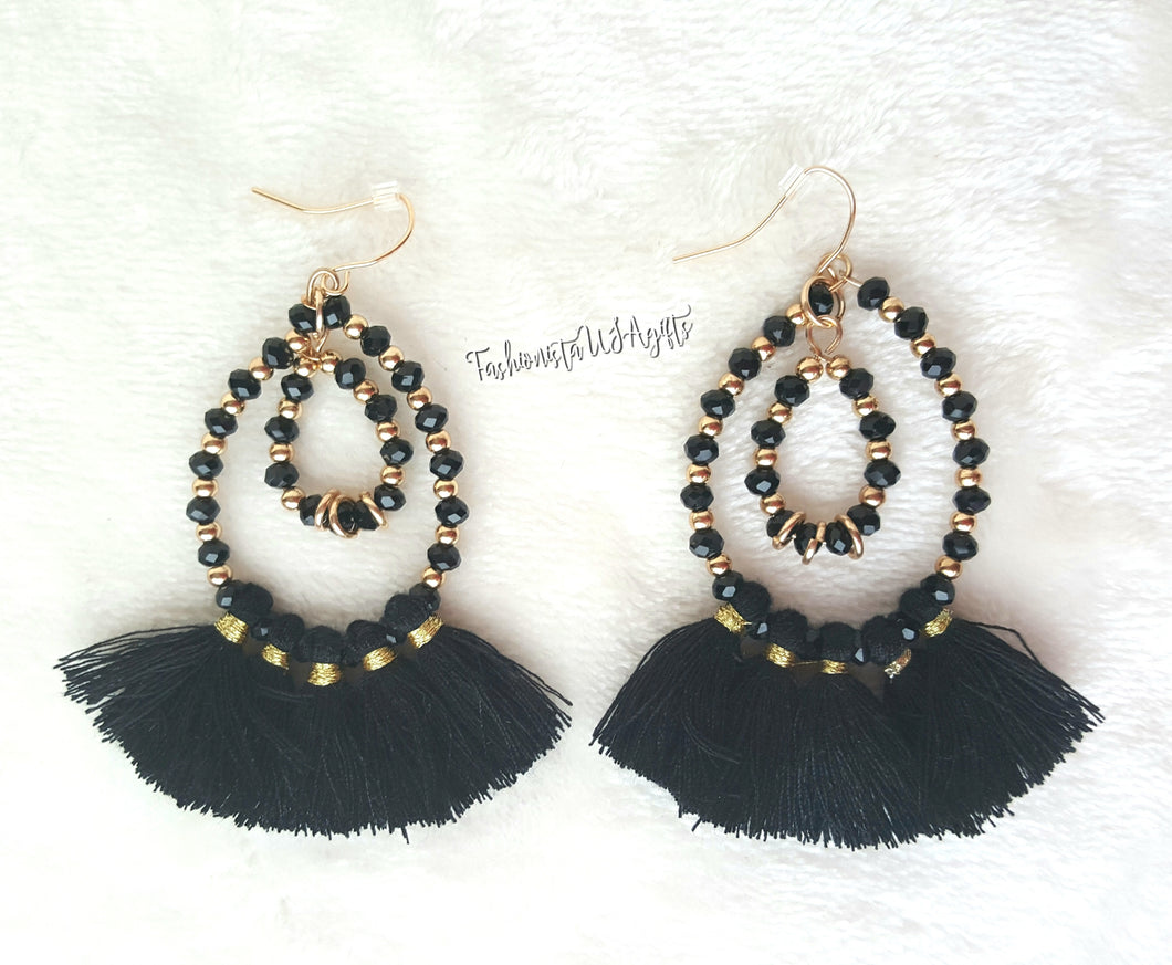 Black Gold Beaded Double Hoop Black Tassel Drop Earrings,Boho Chic Earring,Beach Earrings - Urban Flair USA