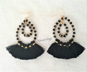 Black Gold Beaded Double Hoop Black Tassel Drop Earrings,Boho Chic Earring,Beach Earrings - Urban Flair USA