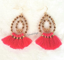 Load image into Gallery viewer, Bronze Gold Beaded Double Hoop Coral Red Tassel Drop Earrings,Boho Chic Earring,Beach Earrings - Urban Flair USA