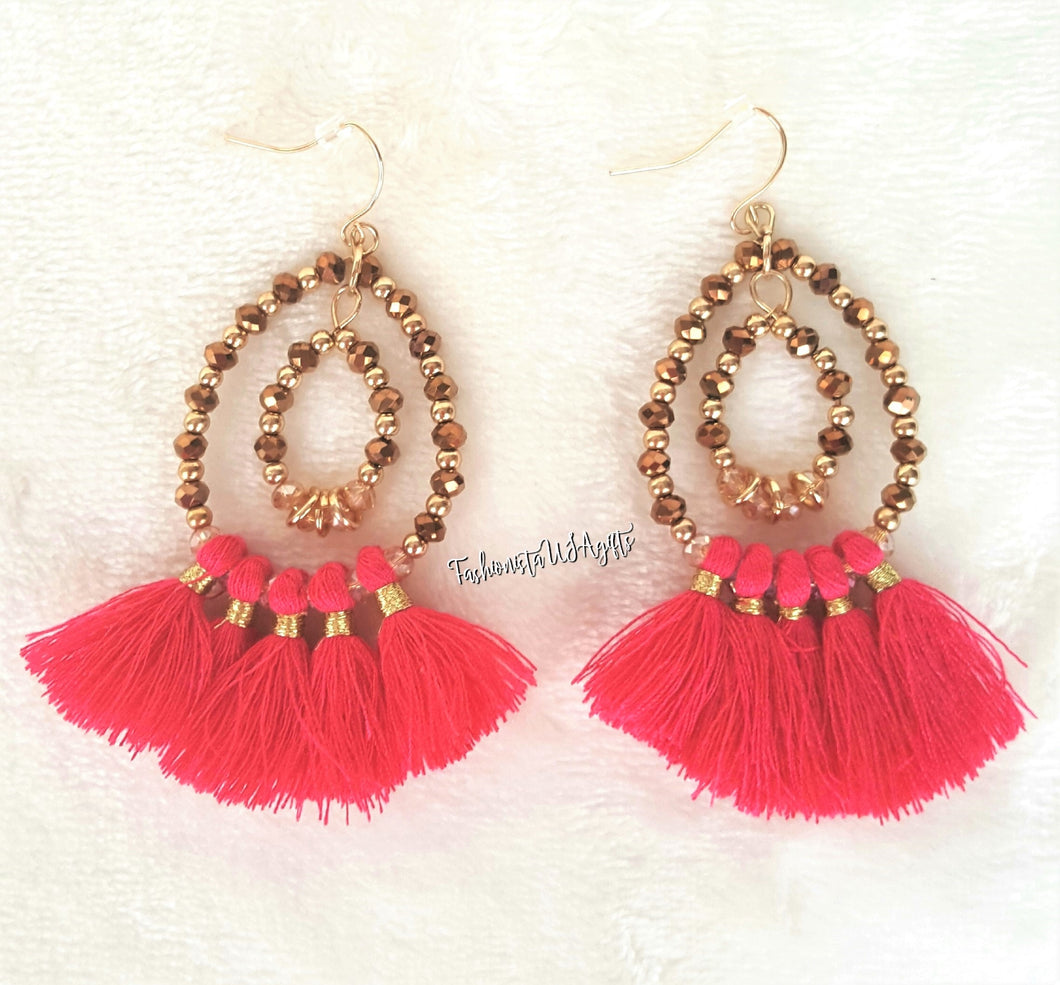 Bronze Gold Beaded Double Hoop Coral Red Tassel Drop Earrings,Boho Chic Earring,Beach Earrings - Urban Flair USA