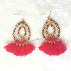 Bronze Gold Beaded Double Hoop Coral Red Tassel Drop Earrings,Boho Chic Earring,Beach Earrings - Urban Flair USA