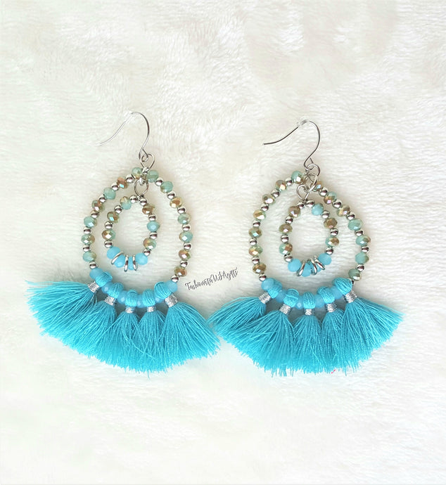 Tassel Earrings Beaded Blue Silver Double Hoop Blue Tassel Drop Earring,Boho Chic Earring,Beach Earrings - Urban Flair USA