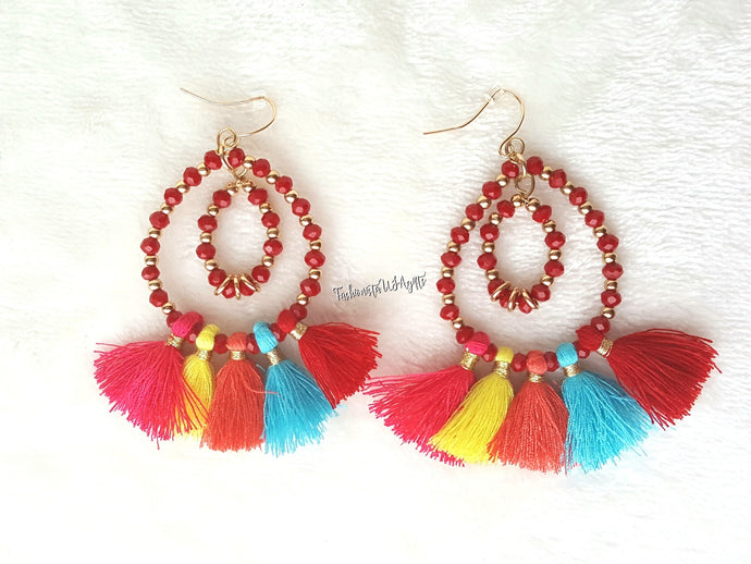 Multicolored Tassel Earrings Beaded Double Hoop Red Gold Tassel Drop Earrings, Boho Chic Earring,Beach Earrings - Urban Flair USA