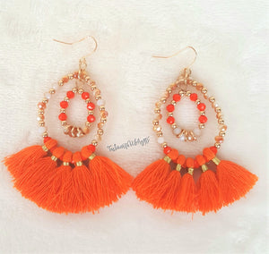 Tassel Earrings Orange Gold Beaded Double Hoop Tassel Drop Earring, Boho Chic Earring, Beach Earrings - Urban Flair USA
