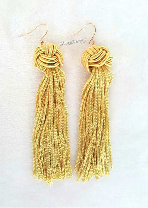 Earrings Knotted Tassel Mustard Gold, Boho Earrings, Beach Earrings, Chic Fashion Earrings, Statement Earring, Gifts for Her - Urban Flair USA
