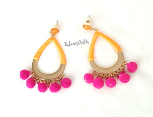 Earrings Fushia Pom Pom, Orange Threaded Hoop, Orange Stud, Boho Chic Fashion Statement Earring - Urban Flair USA