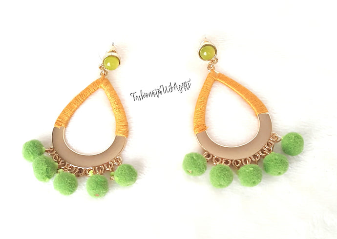 Earrings Green Pom Pom, Orange Threaded hoop, Green stud, Boho Chic Fashion Statement Earring - Urban Flair USA