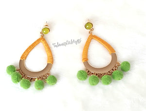 Earrings Green Pom Pom, Orange Threaded hoop, Green stud, Boho Chic Fashion Statement Earring - Urban Flair USA