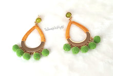 Load image into Gallery viewer, Earrings Green Pom Pom, Orange Threaded hoop, Green stud, Boho Chic Fashion Statement Earring - Urban Flair USA