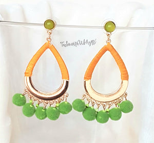 Earrings Green Pom Pom, Orange Threaded hoop, Green stud, Boho Chic Fashion Statement Earring - Urban Flair USA