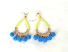 Load image into Gallery viewer, Earrings Pom Pom Blue,Lime color Threaded Hoop, Lime color Stud, Boho Chic Fashion Statement Earring - Urban Flair USA