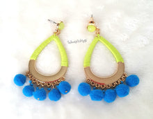 Load image into Gallery viewer, Earrings Pom Pom Blue,Lime color Threaded Hoop, Lime color Stud, Boho Chic Fashion Statement Earring - Urban Flair USA