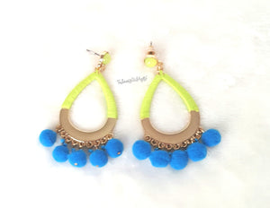 Earrings Pom Pom Blue,Lime color Threaded Hoop, Lime color Stud, Boho Chic Fashion Statement Earring - Urban Flair USA