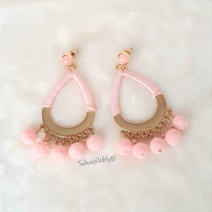 Earrings Pom Pom Blush Pink, Blush Pink Threaded Hoop, Blush Stud, Boho Chic Fashion Statement Earring - Urban Flair USA