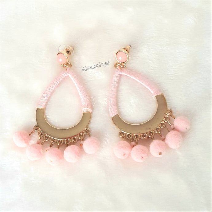 Earrings Pom Pom Blush Pink, Blush Pink Threaded Hoop, Blush Stud, Boho Chic Fashion Statement Earring - Urban Flair USA