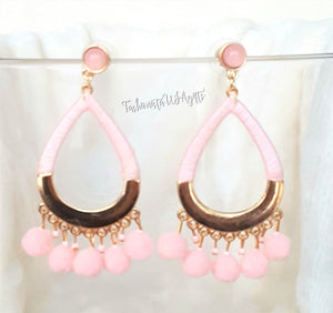 Earrings Pom Pom Blush Pink, Blush Pink Threaded Hoop, Blush Stud, Boho Chic Fashion Statement Earring - Urban Flair USA