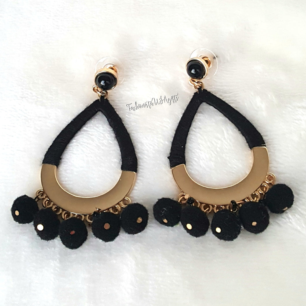 Earrings Pom Pom Black, Black color Threaded Hoop, Black Stud,Boho Chic Fashion Statement Earring - Urban Flair USA