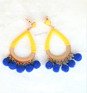 Earrings Pom Pom Royal Blue, Yellow color Threaded Hoop,Yellow Stud, Boho Chic Fashion Statement Earring - Urban Flair USA
