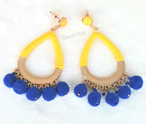 Earrings Pom Pom Royal Blue, Yellow color Threaded Hoop,Yellow Stud, Boho Chic Fashion Statement Earring - Urban Flair USA