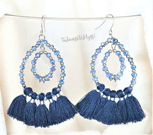 Blue Silver Beaded Double Hooped Navy Blue Tassel Drop Earrings,Boho Chic Earring,Beach Earrings, Navy Blue Jewelry - Urban Flair USA