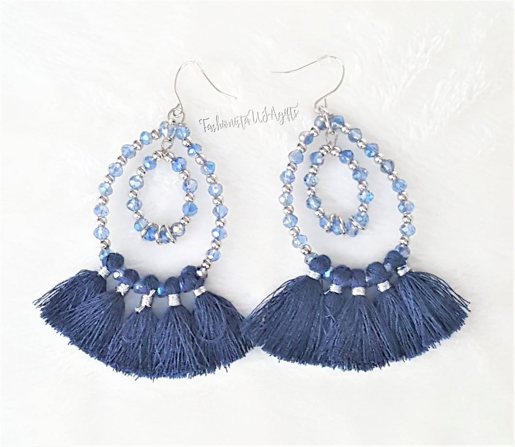 Blue Silver Beaded Double Hooped Navy Blue Tassel Drop Earrings,Boho Chic Earring,Beach Earrings, Navy Blue Jewelry - Urban Flair USA