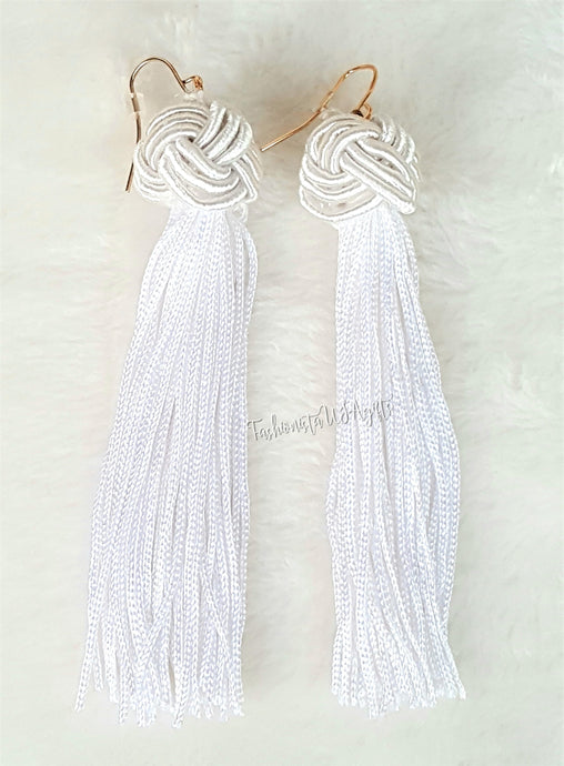 Tassel Earrings White Knotted Tassel, Boho Earrings, Beach Earrings, Chic Fashion Earrings, Statement Earring, Gifts for Her - Urban Flair USA