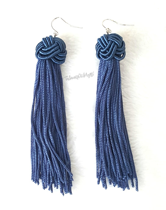 Earrings Knotted Tassel Navy Blue, Boho Earrings, Beach Earrings, Chic Fashion Earrings, Statement Earring, Gifts for Her - Urban Flair USA