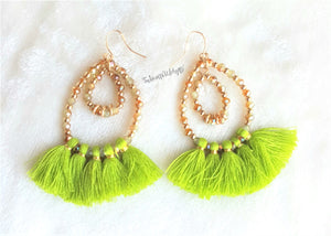 Tassel Earrings Lime Green Beaded Double Hooped,Boho Chic Earring,Beach Earrings, Fashion, Statement Earring,Green Jewelry - Urban Flair USA