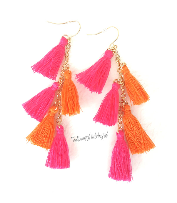 Earrings Fushia Orange Thread Tassel Earring in Gold tone Chain, Chic Fashion Designer Boho Earrings, Statement Earrings, Beach Earrings - Urban Flair USA
