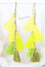 Load image into Gallery viewer, Earrings Yellow, Lime Green, Olive Thread Tassel  in Gold tone Chain,Chic Fashion Designer Boho Earrings, Statement Earrings, Beach Earrings - Urban Flair USA