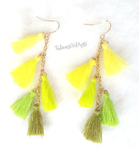 Load image into Gallery viewer, Earrings Yellow, Lime Green, Olive Thread Tassel  in Gold tone Chain,Chic Fashion Designer Boho Earrings, Statement Earrings, Beach Earrings - Urban Flair USA