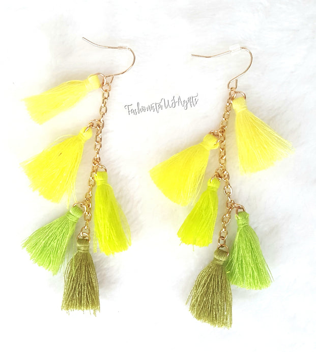 Earrings Yellow, Lime Green, Olive Thread Tassel  in Gold tone Chain,Chic Fashion Designer Boho Earrings, Statement Earrings, Beach Earrings - Urban Flair USA