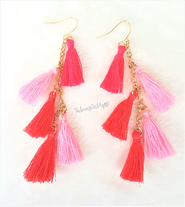 Earrings Fushia Pink Coral Thread Tassel Earring in Gold tone Chain, Chic Fashion Designer Boho Earrings, Statement Earrings, Beach Earrings - Urban Flair USA