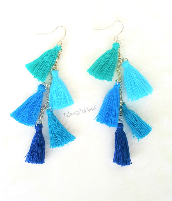 Earrings Teal Blue Navy Thread Tassel Earring in Silver tone Chain, Chic Fashion Designer Boho Earrings, Statement Earrings, Beach Earrings - Urban Flair USA