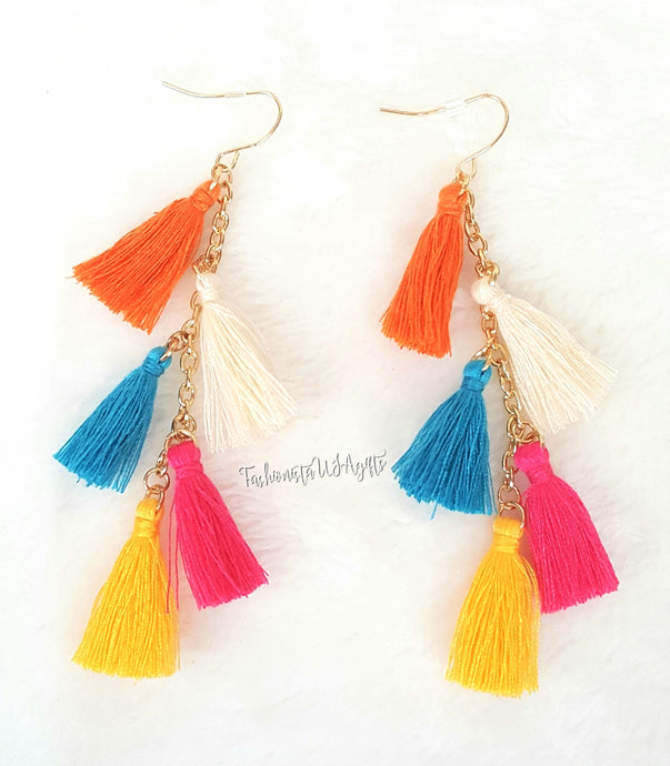 Earrings Multi-color Thread Tassel Earring in Gold tone Chain, Chic Fashion Designer Boho Earrings, Statement Earrings, Beach Earrings - Urban Flair USA
