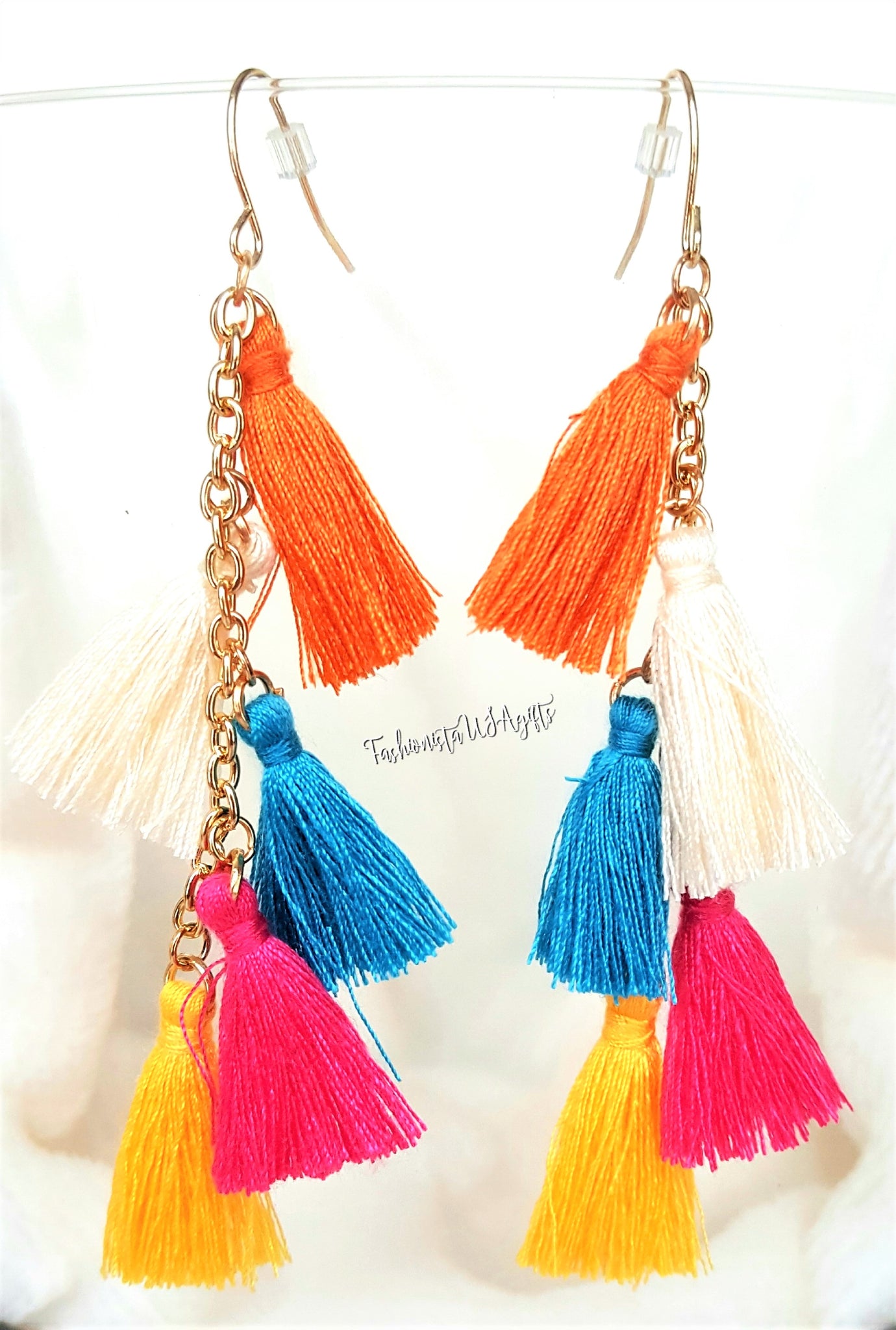 Earrings Multi color Thread Tassel Earring in Gold tone Chain