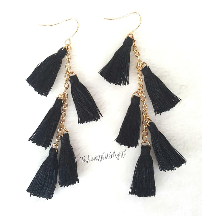 Earrings Black Thread Tassel Earring in Gold tone Chain, Chic Fashion Designer Boho Earrings, Statement Earrings, Beach Earrings - Urban Flair USA