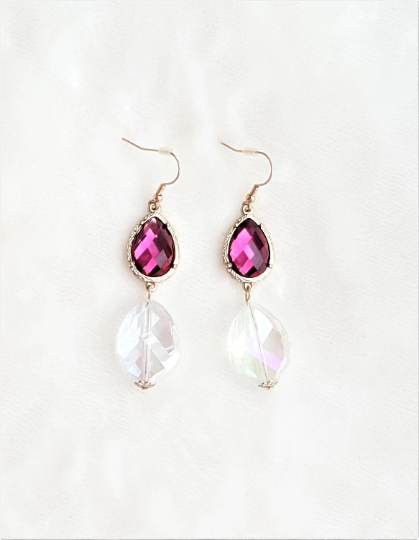 Vintage Crystal Teardrop Earring Pink/Mirror Clear Crystal Antique Gold tone Metal - Urban Flair USA