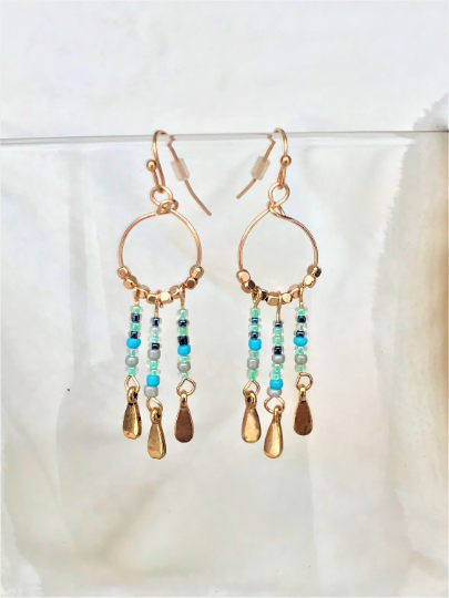 Blue Beads Gold tone beaded Hoop Earrings, Dangle Drop Earrings - Urban Flair USA