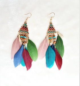 Feather Earring Bohemian Multicolored, Boho Earrings Beads Gold, Statement Earring, Bohemian Jewelry - Urban Flair USA