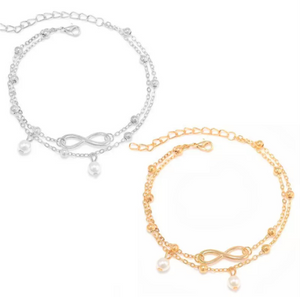Double Layered Chain Anklet Infinity Pearl Beads Charms Gold tone Beads - Urban Flair USA